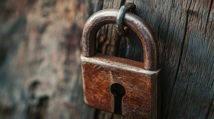 Rusty padlock securing an old wooden door evokes a sense of mystery and forgotten stories in the twilight. Generative AI