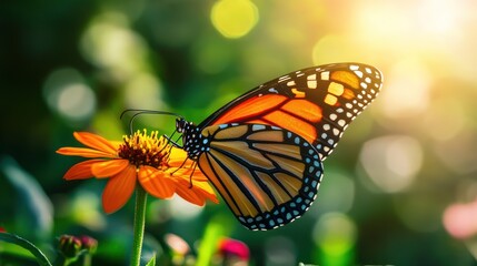 Fototapeta premium Monarch butterfly feeding flower garden sunrise nature