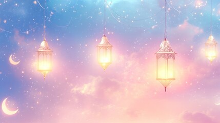 Illuminated Lanterns Hang Against A Pastel Sky