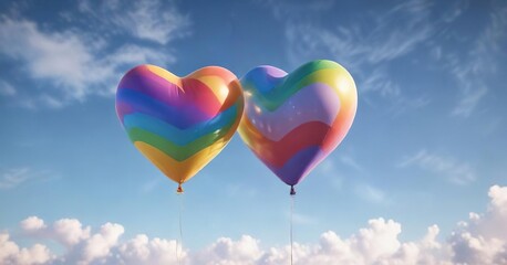 Fototapeta premium Bright rainbow heart balloons floating in the sky, flying, colorful, LGBTQ+