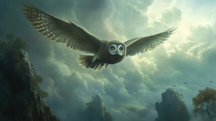 Fototapeta premium Majestic owl soars through stormy skies above ancient mountains at twilight's embrace. Generative AI