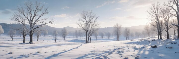 Frosty landscape with bare trees and snow-covered terrain stretching into the distance, wintry atmosphere, winter landscape, barren land, snowy hills