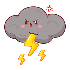 Cute angry cloud storm with thunder cartoon. Weather concept design. Kawaii object vector icon mascot illustration.