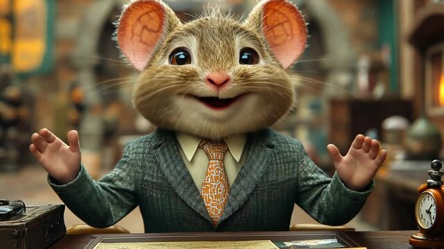 Charming Anthropomorphic Mouse in Suit, Sitting at Desk