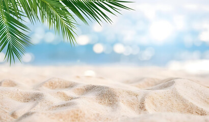 Beautiful Seascape tropical beach background. White sand with palm tree and blur bokeh light of calm sea and sky. summer vacation background concept.