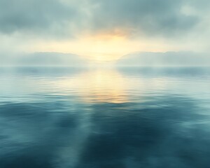 Obraz premium Misty sunrise over calm water.