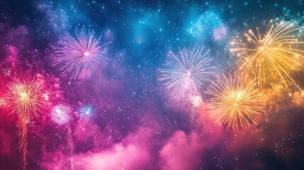 Fototapeta premium Vibrant Fireworks Exploding Against a Starry Night Sky, Colorful Celebration Background.