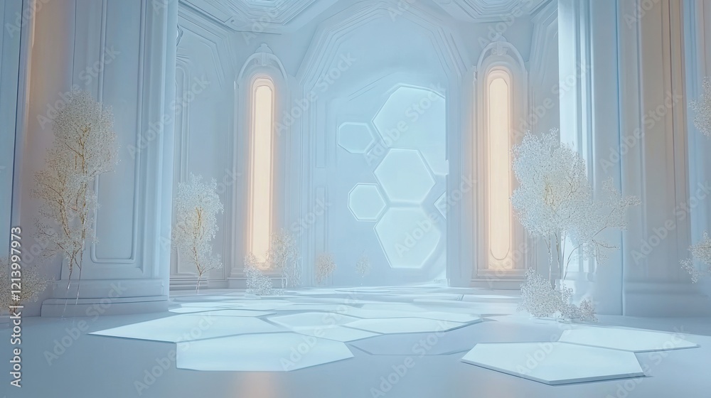 Poster futuristic white hallway with hexagonal design and trees