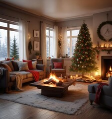 Cozy Living Room with Christmas Decor and Fire, holiday cheer, snowy windows, cozy living room