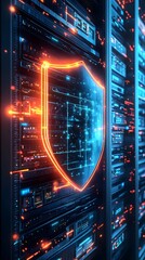 Fototapeta premium 97. A digital representation of a secure server protected by a glowing digital shield, symbolizing web hosting security