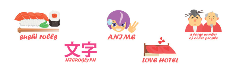 Japanese Famous Object and Symbol with Inscription Vector Set