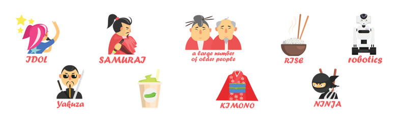 Japanese Famous Object and Symbol with Inscription Vector Set