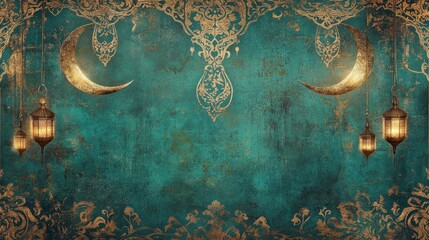 Ornate Teal Background With Golden Moons And Lanterns