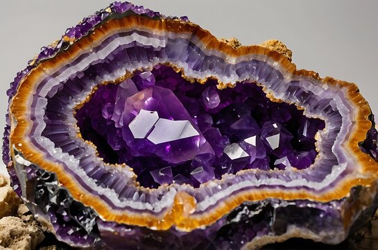 Stunning purple gemstone geode formation showcasing layers of amethyst and banding in natural rock
