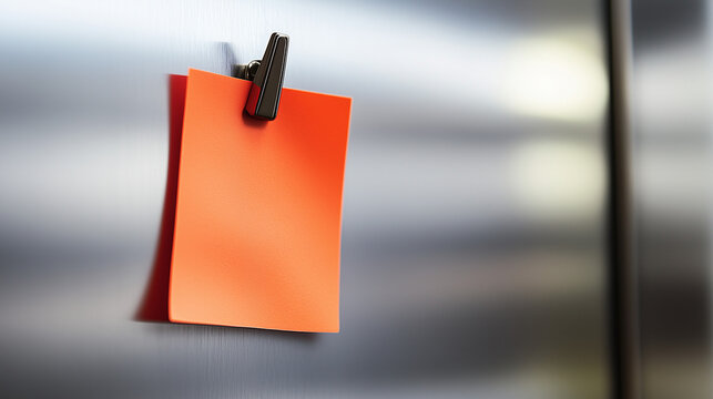 Bright Orange Note on Stainless Steel: A Vibrant Orange Piece of Paper Held by a Black Clip on a Brushed Stainless Steel Surface