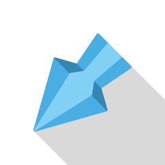 Blue arrow pointing downwards indicating a decrease, reduction, or fall, with a long shadow