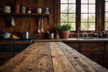 Rustic wooden kitchen counter with a cozy homey background