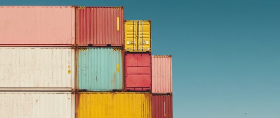 Fototapeta premium Colorful stacked cargo containers create a vibrant landscape at the busy shipping port under a clear blue sky