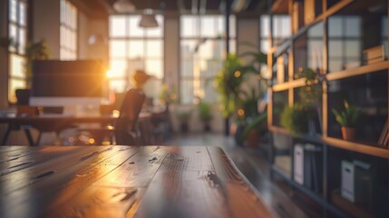 Sunlit Wooden Table in Modern Office Space.