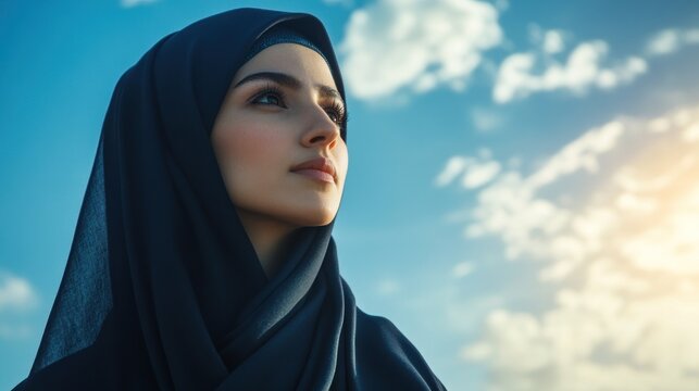 Young Woman Wearing a Hijab Gazes at the Sky