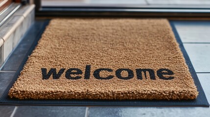Warm invitation created by a cozy welcome mat placed at the entrance of a charming home. Generative AI