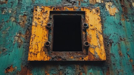 Rusty hatch, abandoned ship, ocean backdrop, mystery