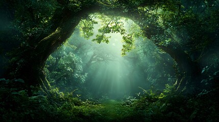 Fototapeta premium An enchanting forest scene with a winding path leading through a lush verdant landscape illuminated by soft magical sunlight filtering through the dense verdant canopy of trees above
