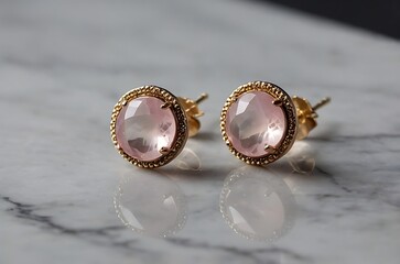 Elegant gold earrings featuring pink rose quartz  gemstones set on a marble surface