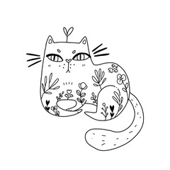 Vector illustration of a fluffy kawaii kitten lying decorated with flowers and leaves. Contour black and white drawing for coloring.