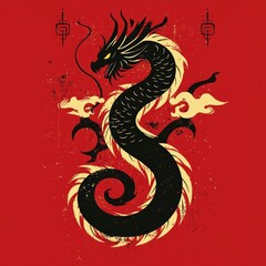 Fototapeta premium Majestic Chinese Dragon in Vintage Style on Red Background
