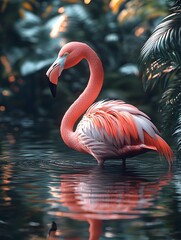 Fototapeta premium Majestic Flamingo Wading through Serene Tropical Lagoon Mirrored Reflection Capturing Its Elegant Form