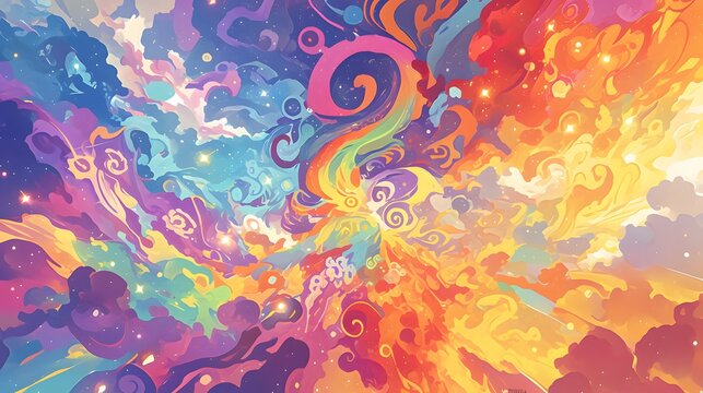 Psychedelic rainbow color patterns creating a lively, colorful atmosphere