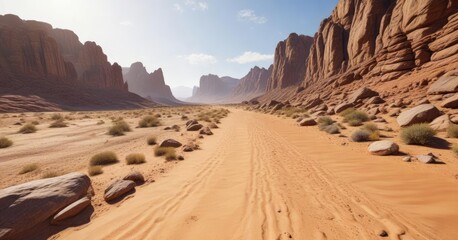 Fototapeta premium Desert dirt road traversing a vast, empty expanse of rocky outcroppings and sand, rocks, open space
