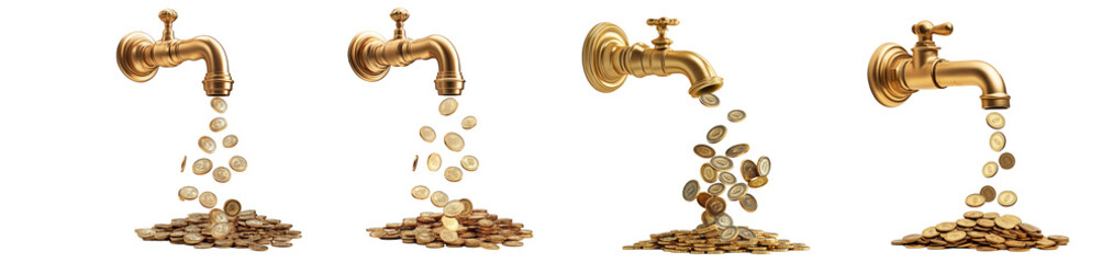 Faucet dropping coins  coins pouring from a faucet