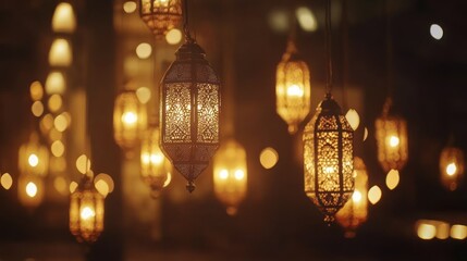 Illuminated Moroccan Lanterns Hanging in Darkness