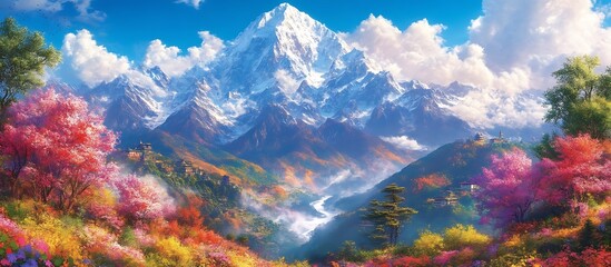 Majestic Himalayan Spring: Vibrant Blossoms and Snow-Capped Peaks © nazar