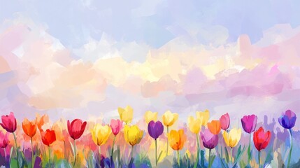 Colorful Tulips Blooming Under a Pastel Sky