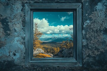 Wooden frame shows mountain view with autumn trees.