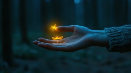 Glowing Dragonflies Resting On A Gentle Hand