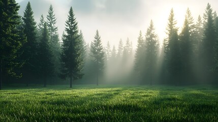 Fototapeta premium Serene and misty forest landscape with sunbeams shining through the pine trees creating a peaceful and ethereal atmosphere in the tranquil meadow glade The lush verdant vegetation and the hazy
