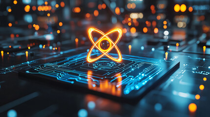 Glowing atom symbol on futuristic circuit board.