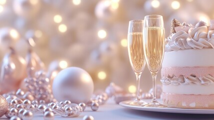 Festive Champagne Flutes and Elegant Cake Decor