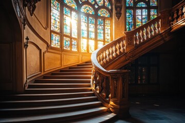 Fototapeta premium Majestic Wooden Staircase with Stained Glass Windows and Sunlight Streaming In.