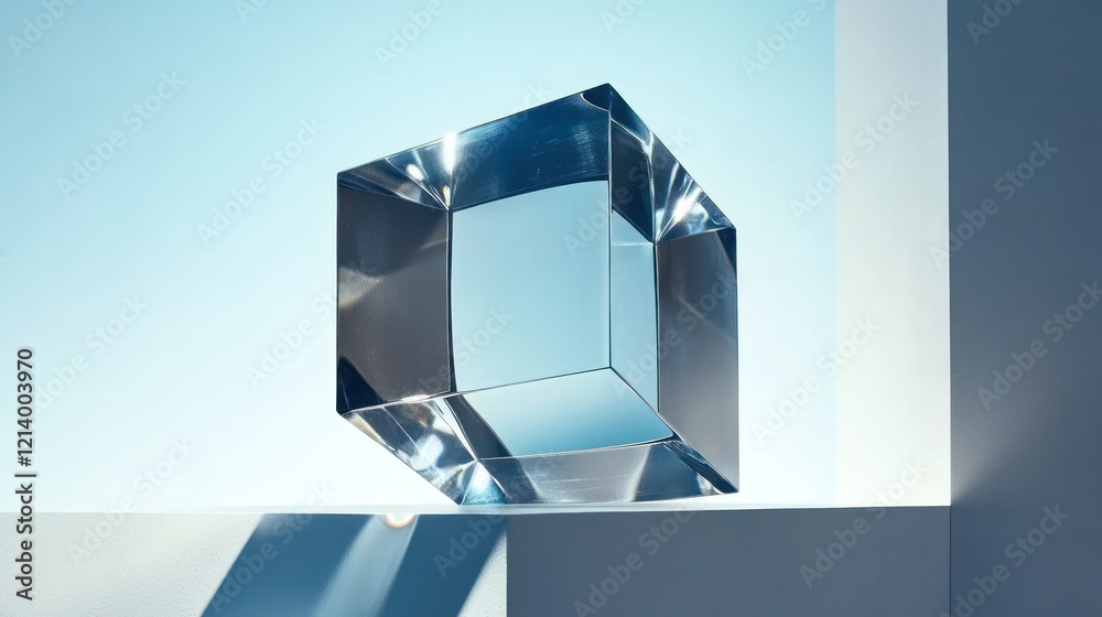 Poster glass cube refracting light on minimalist background