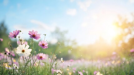 Fototapeta premium Vibrant cosmos flowers blooming in a sunny meadow, idyllic landscape background, perfect for spring or summer greeting cards