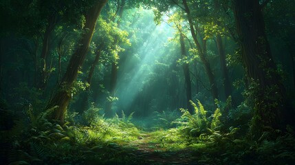 A mesmerizing forest scene with a winding path leading through a verdant lush landscape  Sunlight streams through the dense canopy casting a warm ethereal glow over the serene environment