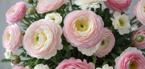 Fototapeta premium Elegant bouquet of pink and white ranunculus flowers, romance, elegant