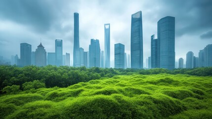 Obraz premium Overcast Skies Above Tall Skyscrapers and Green Spaces