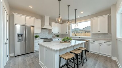 Fototapeta premium Modern kitchen island, home interior, farmhouse style, real estate listing