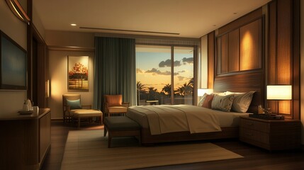 Fototapeta premium Enjoying a tranquil evening in a beautifully designed hotel room with sunset views of palm trees. Generative AI